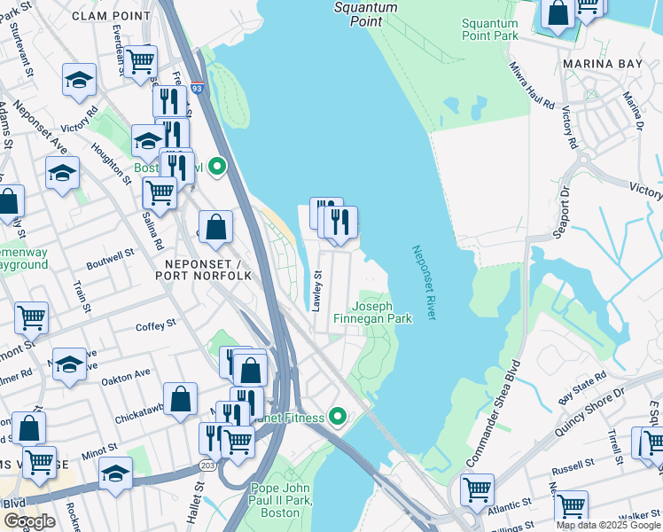 map of restaurants, bars, coffee shops, grocery stores, and more near 182 Walnut Street in Boston