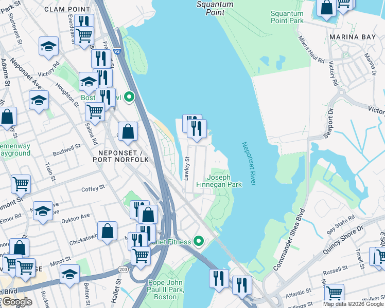 map of restaurants, bars, coffee shops, grocery stores, and more near 74 Lawley Street in Boston