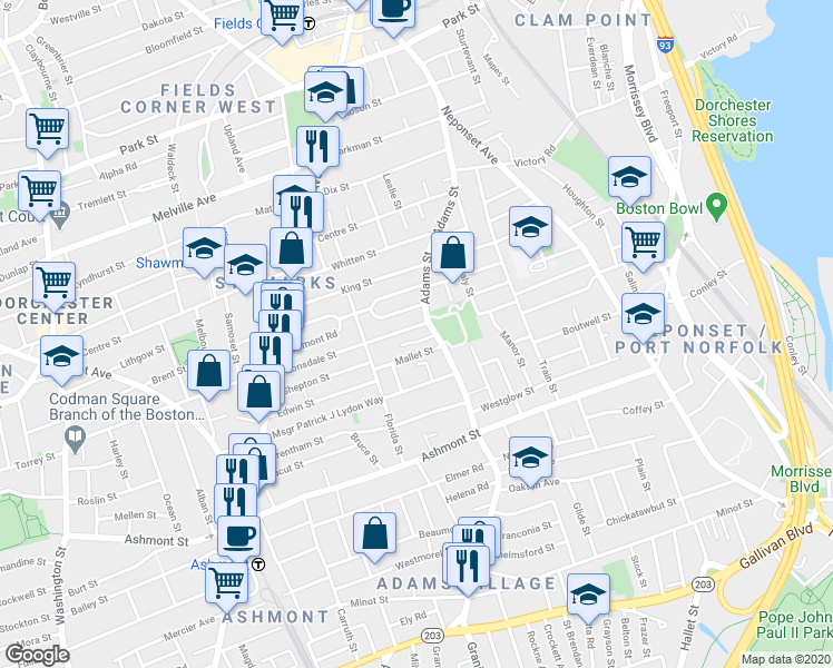 map of restaurants, bars, coffee shops, grocery stores, and more near 107 Lonsdale Street in Boston