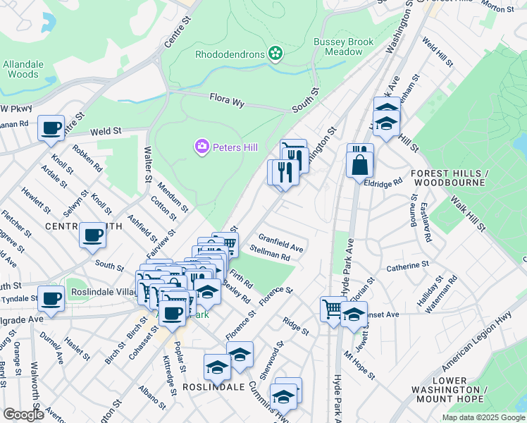 map of restaurants, bars, coffee shops, grocery stores, and more near 4065 Washington Street in Boston