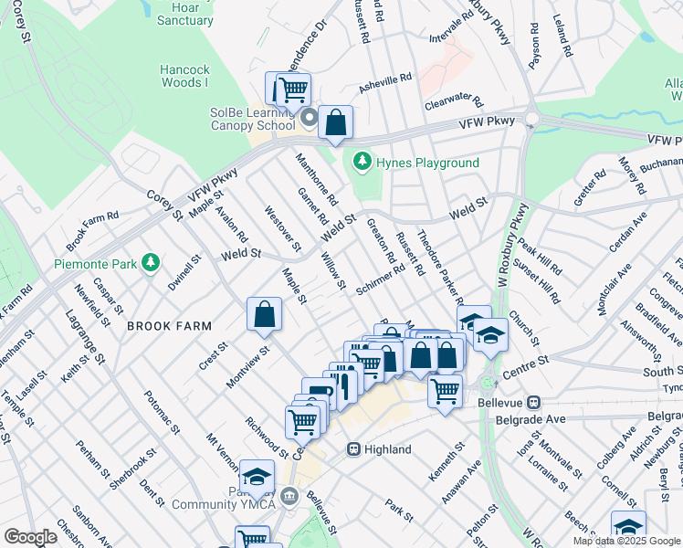 map of restaurants, bars, coffee shops, grocery stores, and more near 126 Redlands Road in Boston