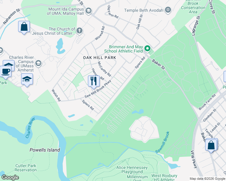 map of restaurants, bars, coffee shops, grocery stores, and more near 25 Shute Path in Newton