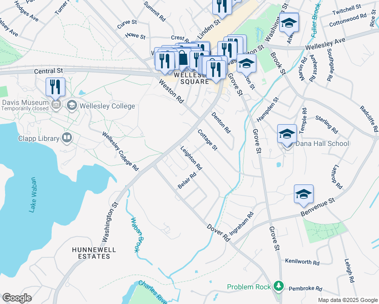map of restaurants, bars, coffee shops, grocery stores, and more near in Wellesley
