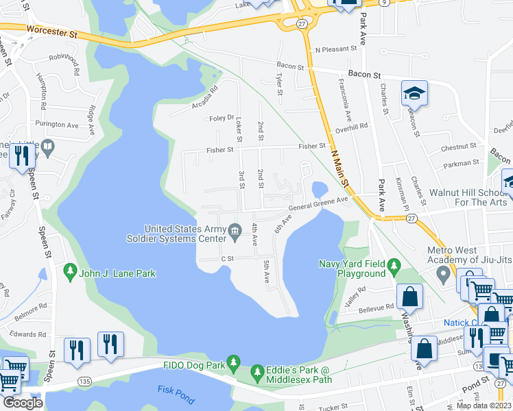 map of restaurants, bars, coffee shops, grocery stores, and more near 2 2nd Street in Natick
