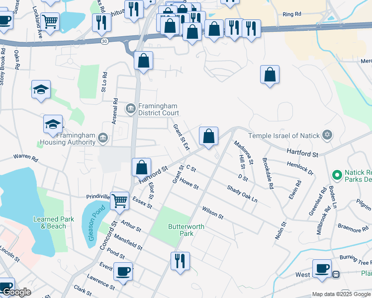 map of restaurants, bars, coffee shops, grocery stores, and more near 8 Grant Street Extension in Framingham