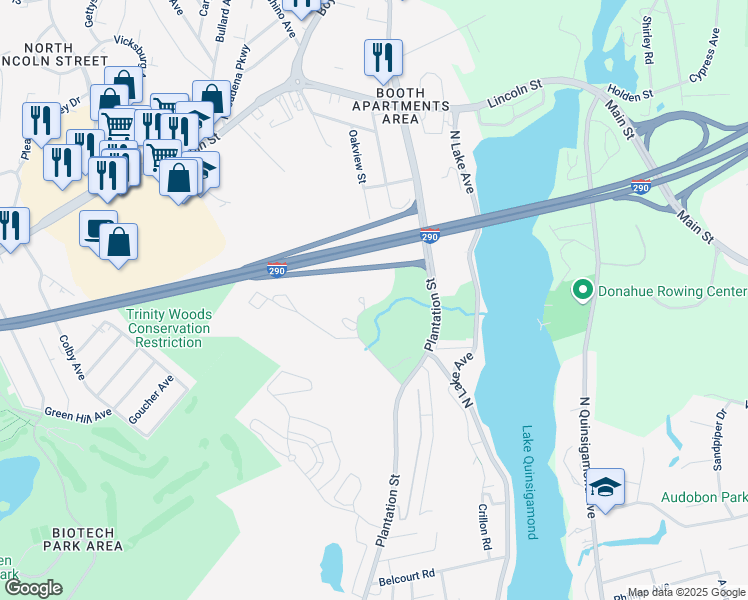 map of restaurants, bars, coffee shops, grocery stores, and more near 595-605 Plantation Street in Worcester