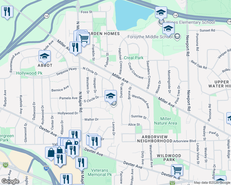 map of restaurants, bars, coffee shops, grocery stores, and more near 2244 South Circle Drive in Ann Arbor