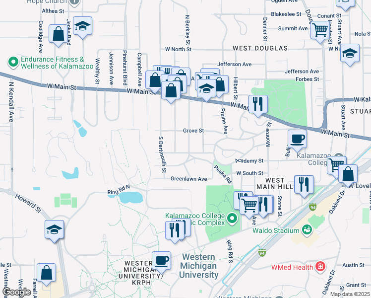 map of restaurants, bars, coffee shops, grocery stores, and more near 143 South Berkley Street in Kalamazoo