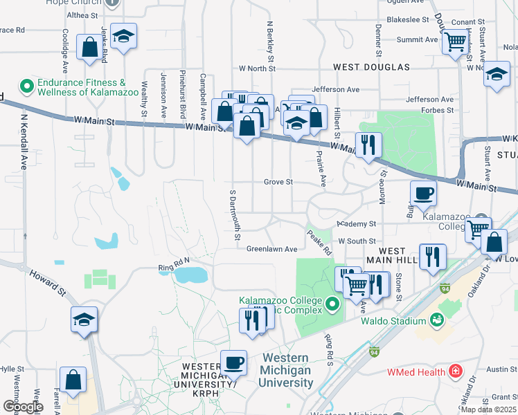 map of restaurants, bars, coffee shops, grocery stores, and more near 1908 Academy Street in Kalamazoo