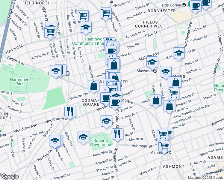 map of restaurants, bars, coffee shops, grocery stores, and more near 47 Moultrie Street in Boston