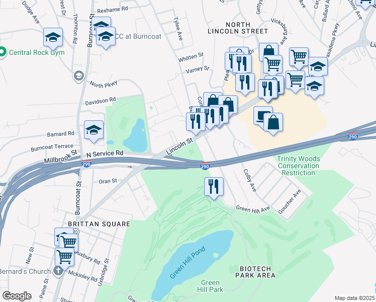 map of restaurants, bars, coffee shops, grocery stores, and more near 441 Lincoln Street in Worcester