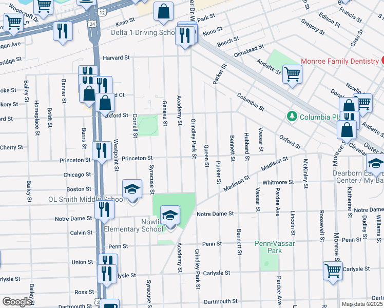 map of restaurants, bars, coffee shops, grocery stores, and more near 2850 Grindley Park Street in Dearborn