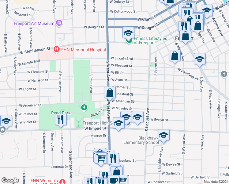 map of restaurants, bars, coffee shops, grocery stores, and more near 756 West Chestnut Street in Freeport