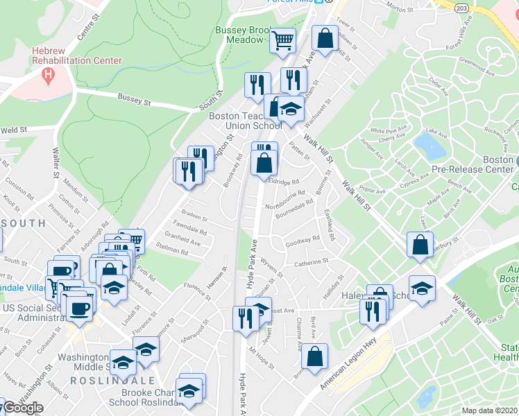 map of restaurants, bars, coffee shops, grocery stores, and more near Hyde Park Ave & Blanvon Rd in Boston