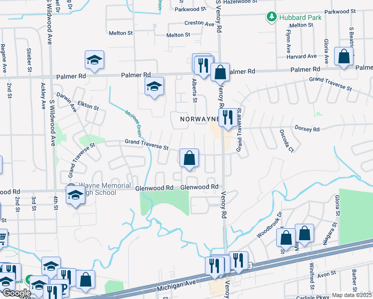 map of restaurants, bars, coffee shops, grocery stores, and more near 33200 Grand Traverse St in Westland