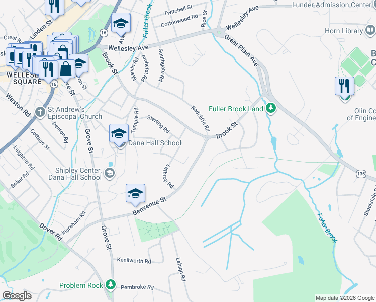 map of restaurants, bars, coffee shops, grocery stores, and more near 3 Dewing Path in Wellesley