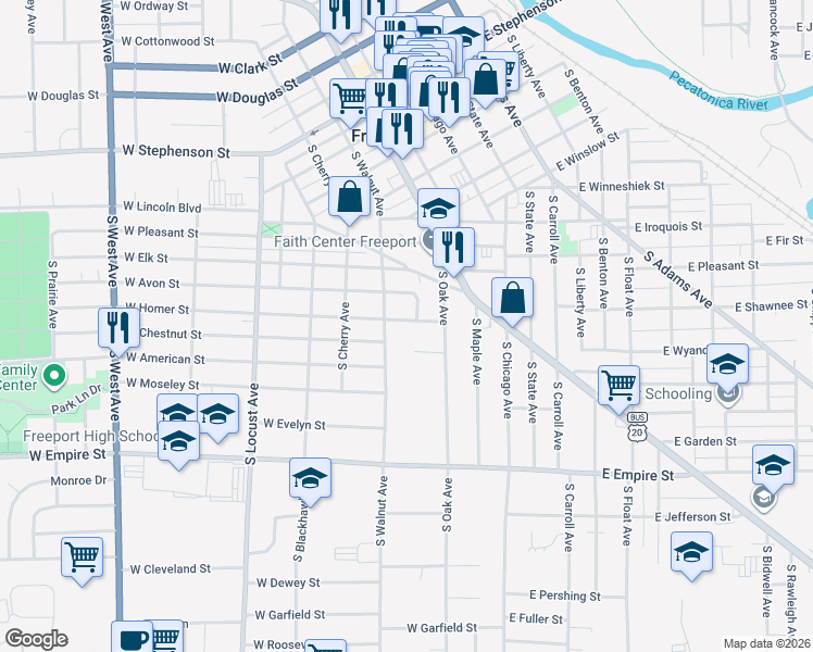 map of restaurants, bars, coffee shops, grocery stores, and more near 239 West Homer Street in Freeport