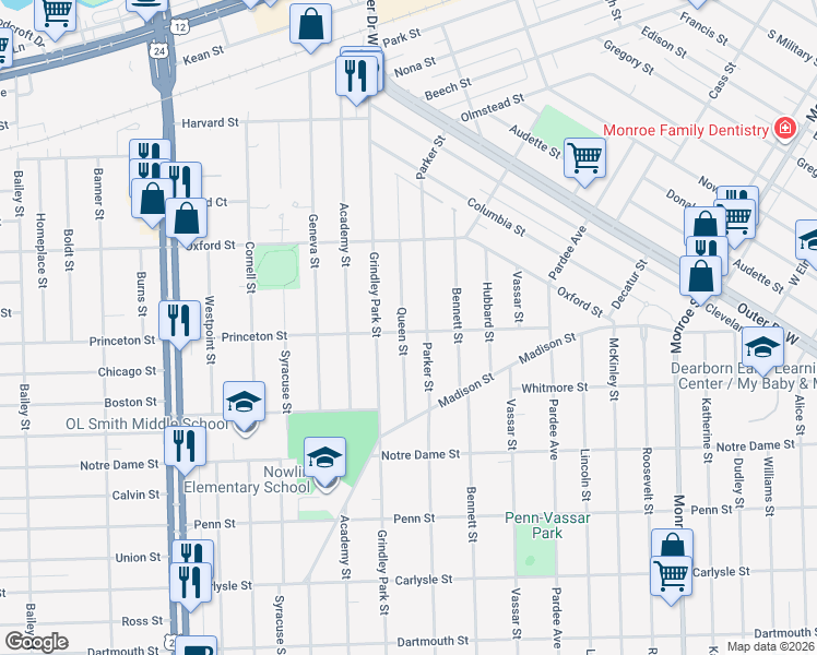 map of restaurants, bars, coffee shops, grocery stores, and more near 2853 Queen Street in Dearborn