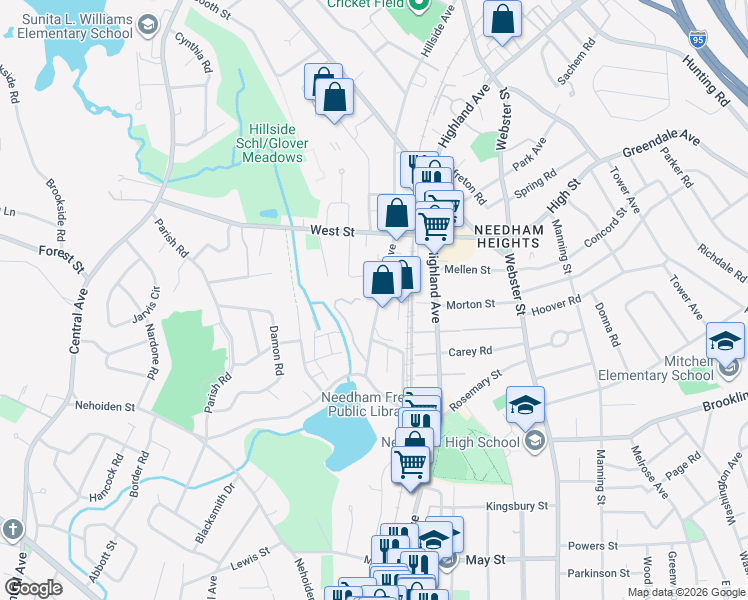 map of restaurants, bars, coffee shops, grocery stores, and more near 475 Hillside Avenue in Needham