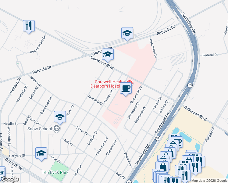 map of restaurants, bars, coffee shops, grocery stores, and more near 1515 Venice Street in Dearborn