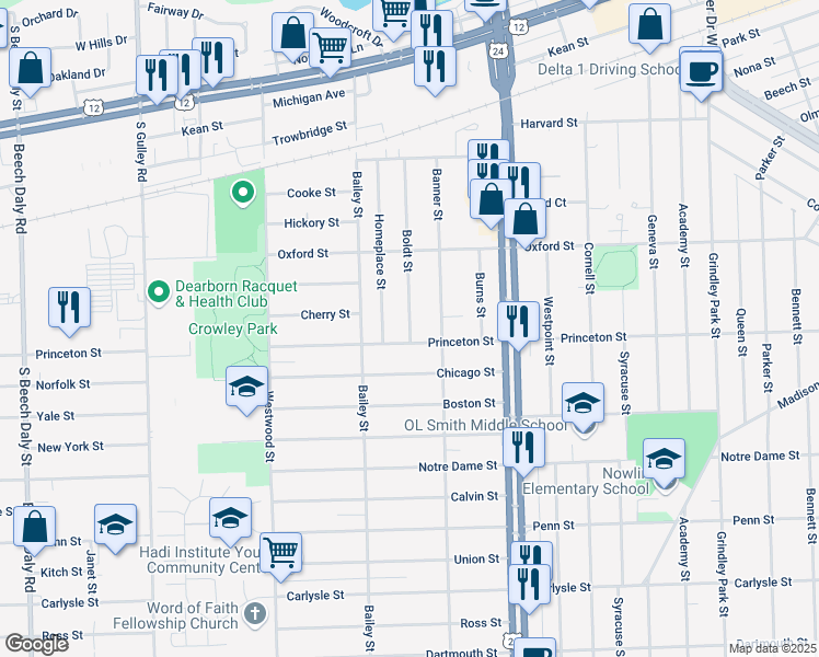 map of restaurants, bars, coffee shops, grocery stores, and more near 2840 Boldt Street in Dearborn