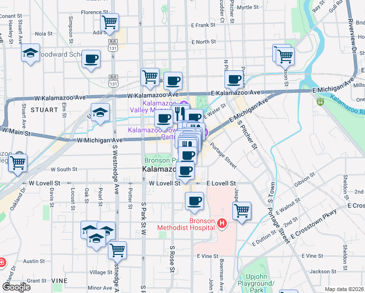 map of restaurants, bars, coffee shops, grocery stores, and more near 125 West Exchange Place in Kalamazoo