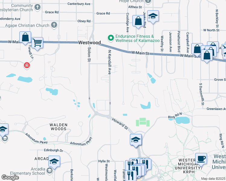 map of restaurants, bars, coffee shops, grocery stores, and more near 203 South Kendall Avenue in Kalamazoo