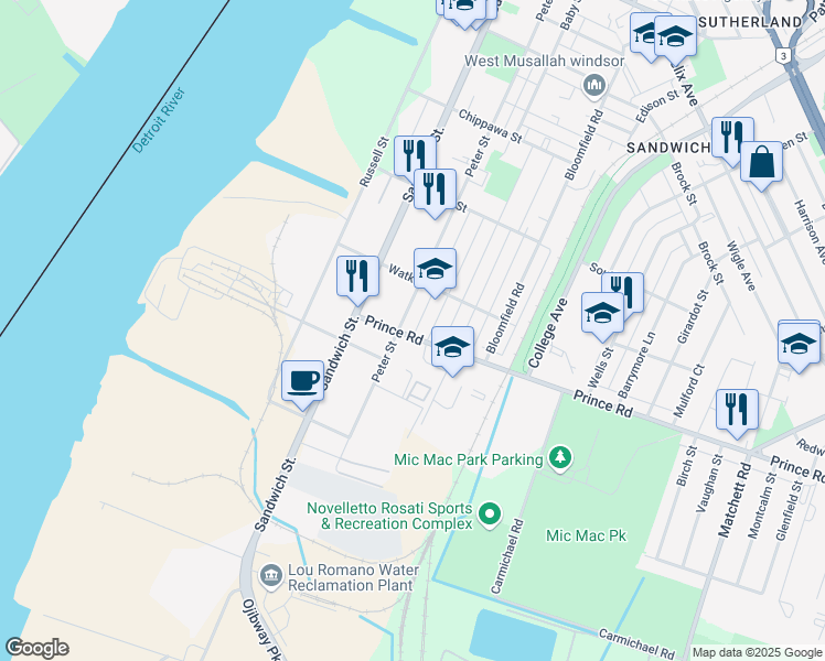 map of restaurants, bars, coffee shops, grocery stores, and more near 440 Prince Road in Windsor