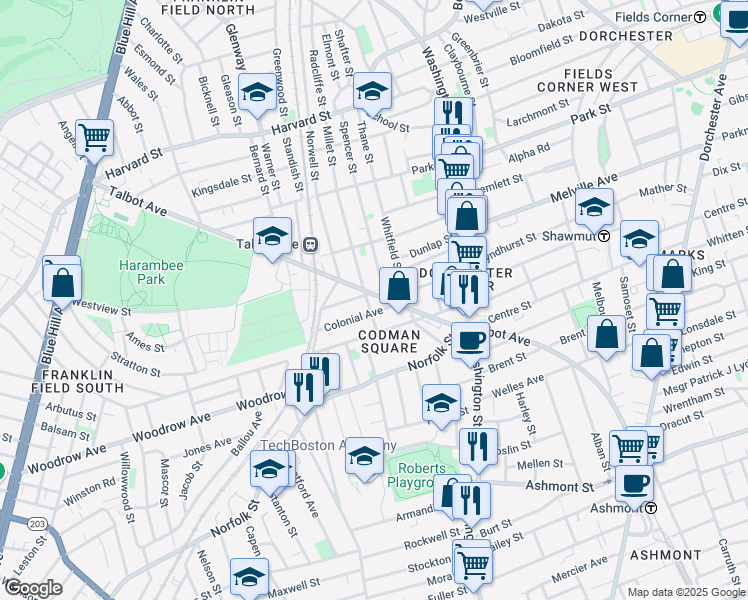 map of restaurants, bars, coffee shops, grocery stores, and more near 263 Talbot Avenue in Boston