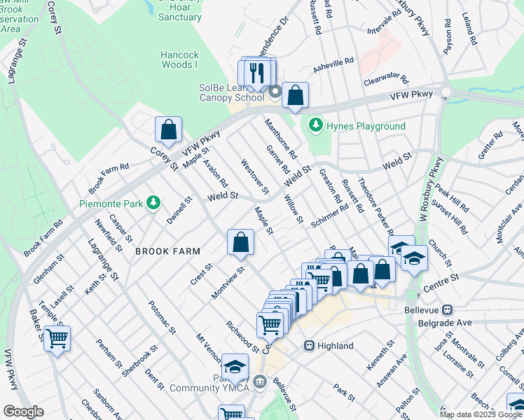 map of restaurants, bars, coffee shops, grocery stores, and more near 135 Maple Street in Boston