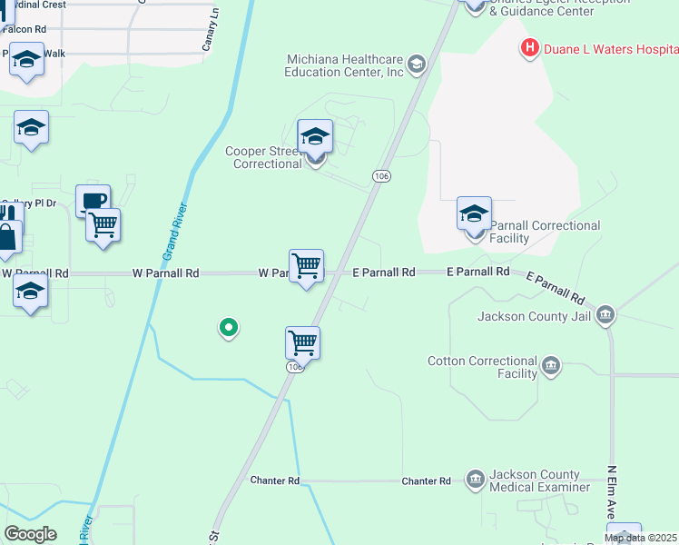 map of restaurants, bars, coffee shops, grocery stores, and more near 1615 East Parnall Road in Jackson