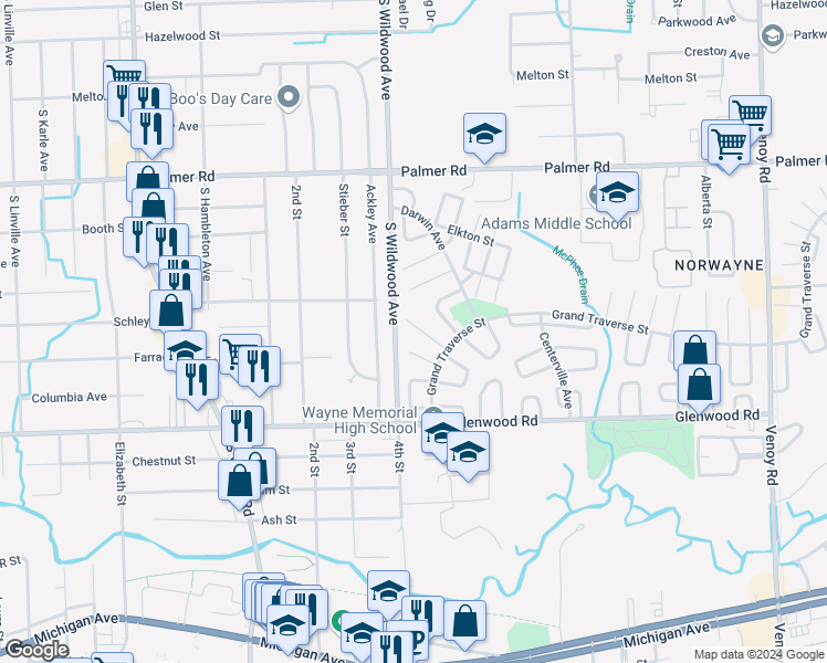 map of restaurants, bars, coffee shops, grocery stores, and more near 34121 Decatur Court in Westland