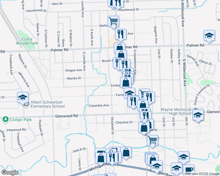 map of restaurants, bars, coffee shops, grocery stores, and more near 35469 Schley Street in Westland