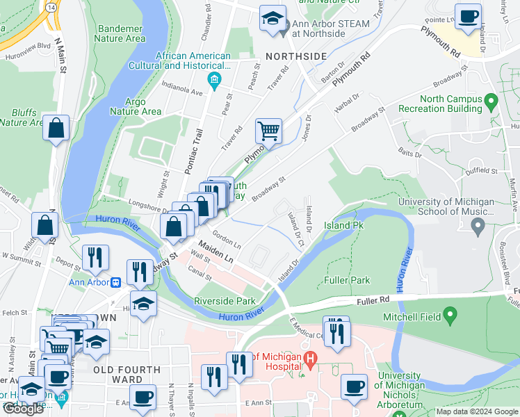 map of restaurants, bars, coffee shops, grocery stores, and more near 1308 Broadway Street in Ann Arbor