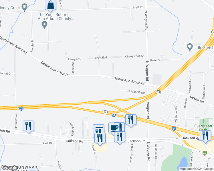 map of restaurants, bars, coffee shops, grocery stores, and more near 3750 Elizabeth Road in Ann Arbor