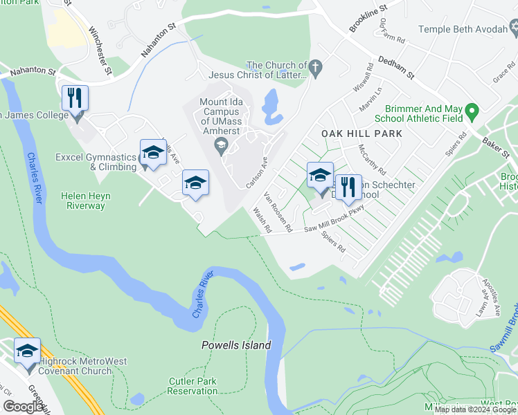 map of restaurants, bars, coffee shops, grocery stores, and more near 39 Walsh Road in Newton