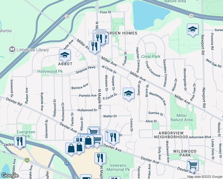 map of restaurants, bars, coffee shops, grocery stores, and more near 1024 Western Drive in Ann Arbor