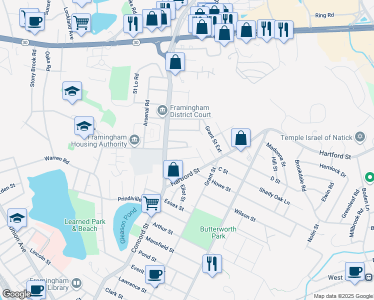 map of restaurants, bars, coffee shops, grocery stores, and more near 35 Thelma Road in Framingham