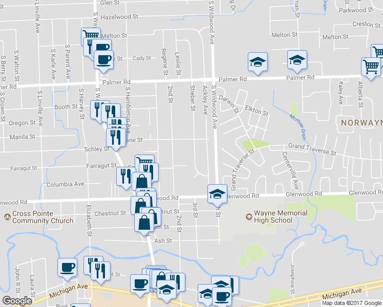 map of restaurants, bars, coffee shops, grocery stores, and more near 2446 Stieber Street in Westland