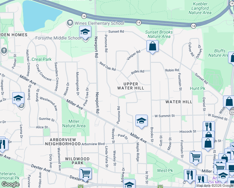 map of restaurants, bars, coffee shops, grocery stores, and more near 1000 Pomona Road in Ann Arbor