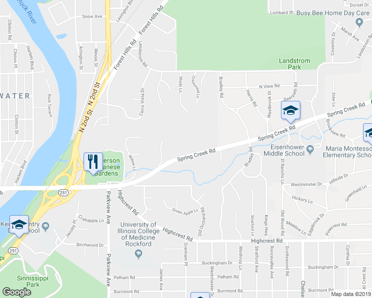 map of restaurants, bars, coffee shops, grocery stores, and more near 2808 Spring Creek Road in Rockford