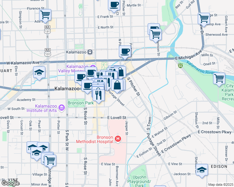 map of restaurants, bars, coffee shops, grocery stores, and more near 165 Portage Street in Kalamazoo