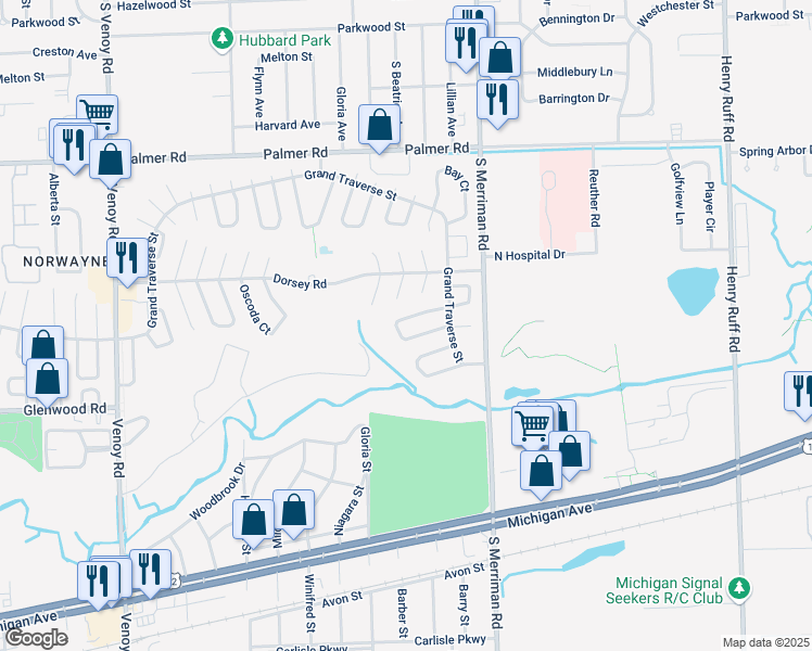 map of restaurants, bars, coffee shops, grocery stores, and more near 31546 Alpena Court in Westland