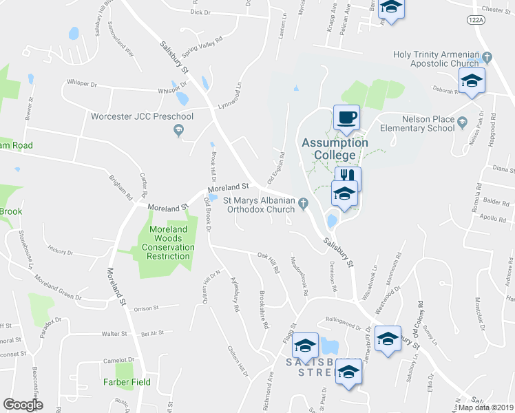 map of restaurants, bars, coffee shops, grocery stores, and more near 4 Flower Hill Drive in Worcester