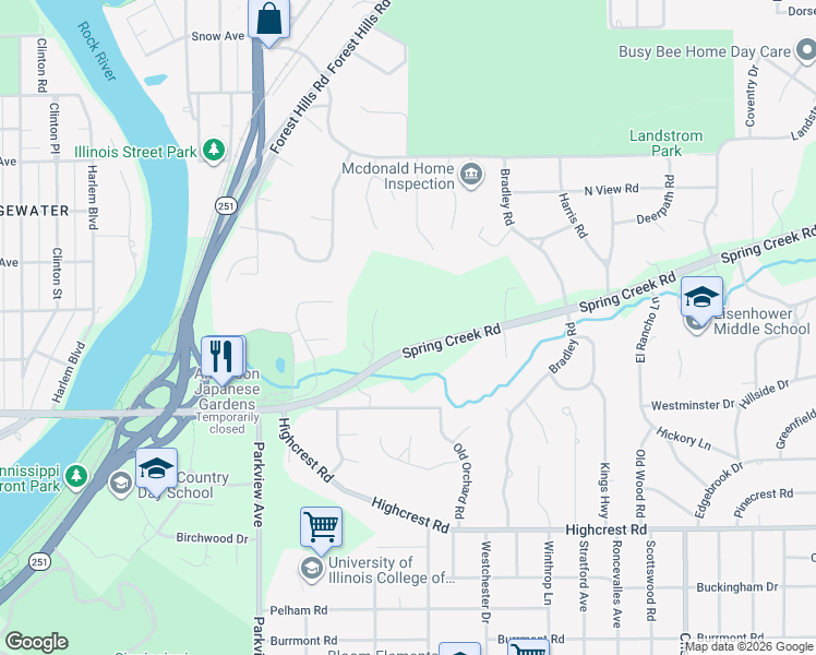 map of restaurants, bars, coffee shops, grocery stores, and more near 2716 Spring Creek Road in Rockford