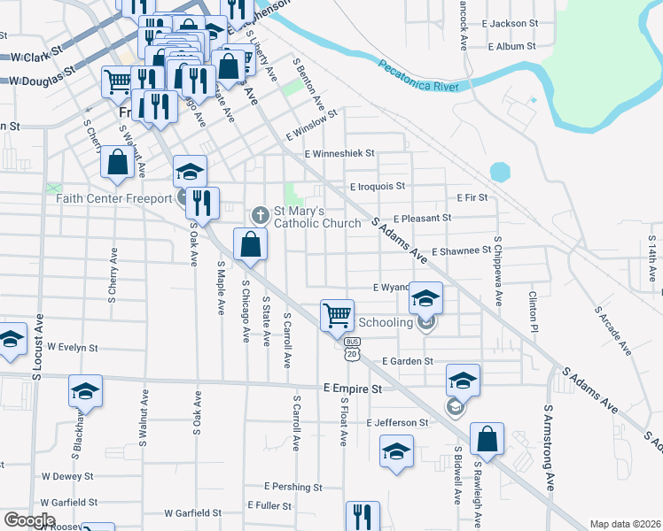 map of restaurants, bars, coffee shops, grocery stores, and more near 817 South Float Avenue in Freeport