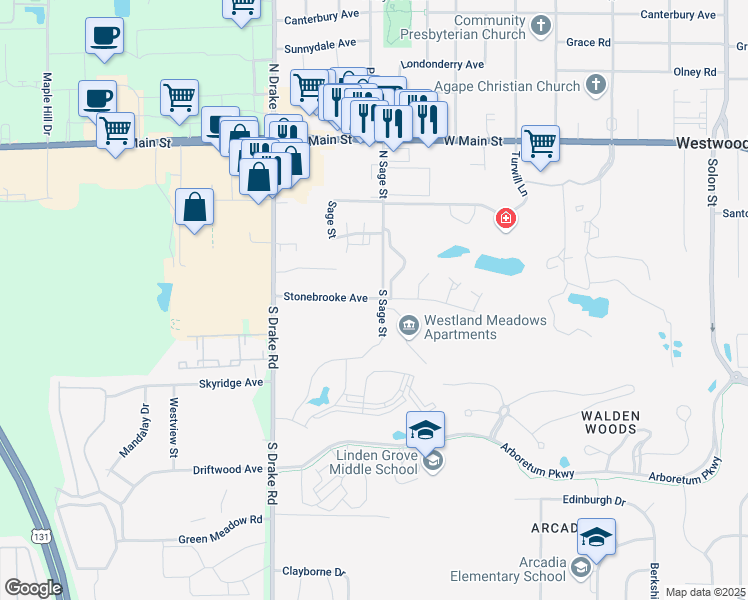 map of restaurants, bars, coffee shops, grocery stores, and more near 4401 Stonebrooke Avenue in Kalamazoo