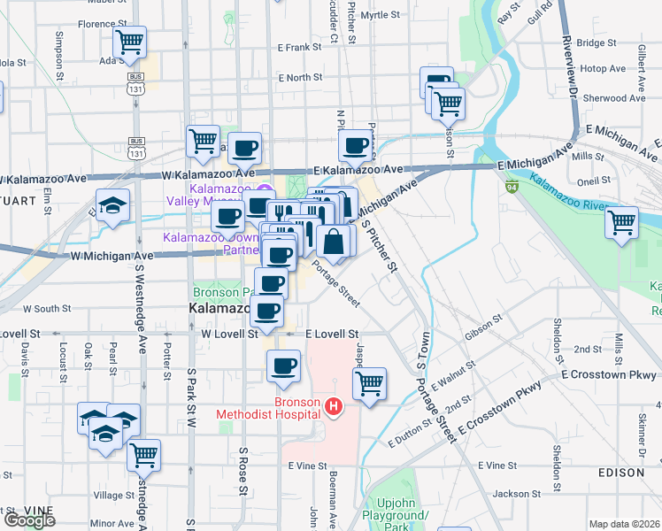 map of restaurants, bars, coffee shops, grocery stores, and more near 142 Portage Street in Kalamazoo