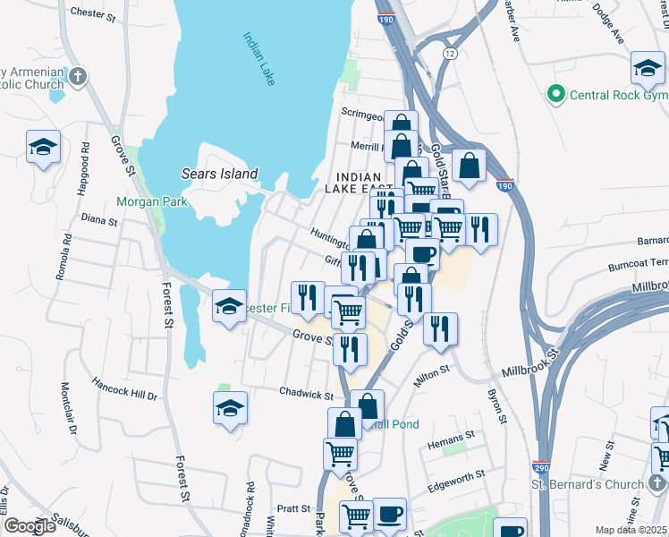 map of restaurants, bars, coffee shops, grocery stores, and more near 23 Gifford Drive in Worcester