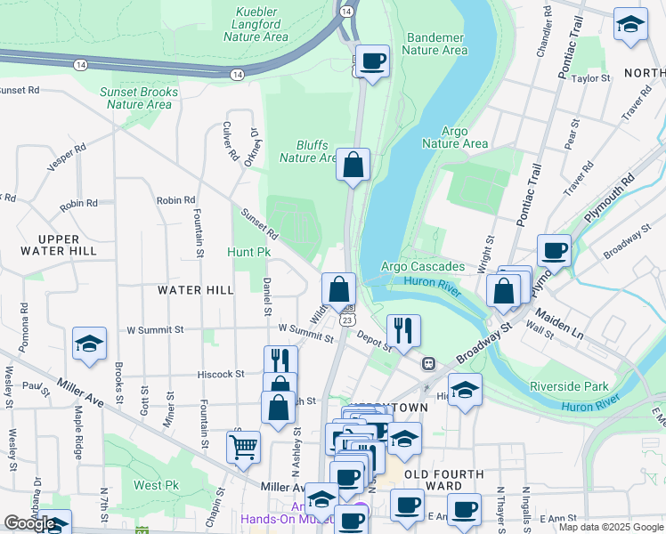map of restaurants, bars, coffee shops, grocery stores, and more near 220 Sunset Road in Ann Arbor